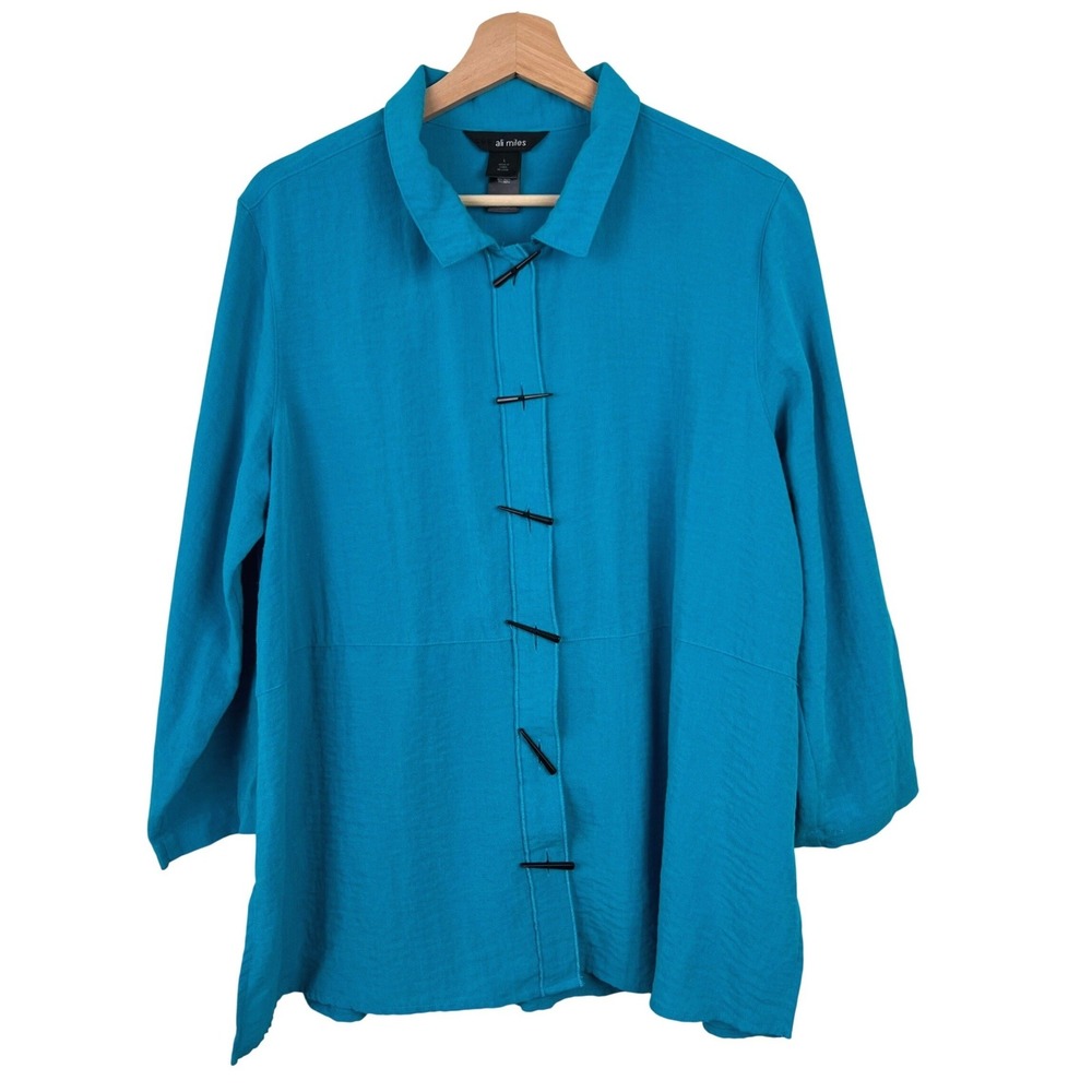 Ali Miles Womens Large Turquoise Blue Toggle Button Up Shirt 3/4 Sleeve Blouse